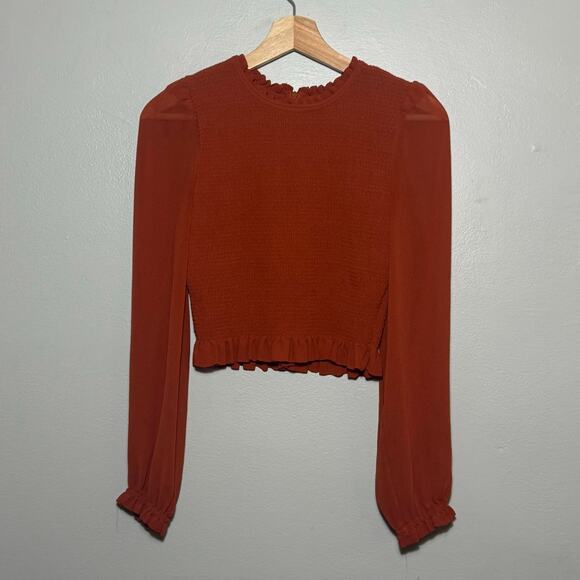 Women's Size M Wilfred Aritzia Tempest Blouse Orange Smocked Long Sleeve Chiffon - Picture 2 of 7